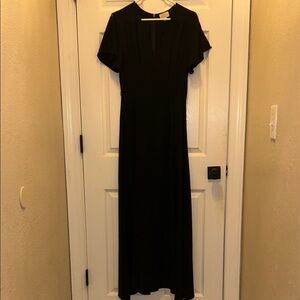 Everly Long Black V-Neck Faux Wrap Dress w/Split Flutter Sleeves